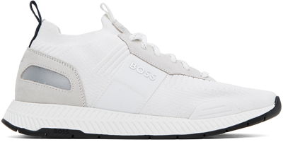Shop Hugo Boss White Structured Knit Sneakers In 102 - Natural