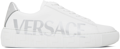 Shop Versace White & Silver Greca Sneakers In 2w270-white+silver