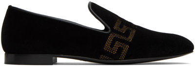 Shop Versace Black Embroidered Loafers In D4191-black+gold