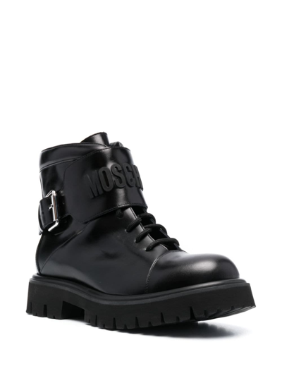 Shop Moschino Logo-embossed Lace-up Leather Boots In Black