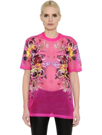 Givenchy Flower Printed Sheer Silk Organza Top In Fuchsia