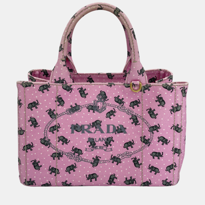 Pre-owned Prada Pink Canvas Elephant Printed Canapa Tote Bag