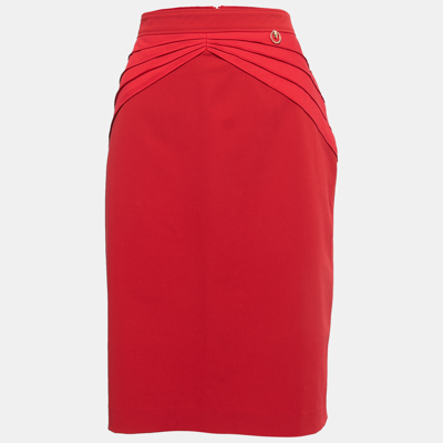 Pre-owned Class By Roberto Cavalli Red Stretch Crepe Pleat Detail Knee Length Skirt M