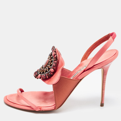 Pre-owned Manolo Blahnik Pink/brown Satin Crystal Embellished Ankle Strap Sandals Size 37.5