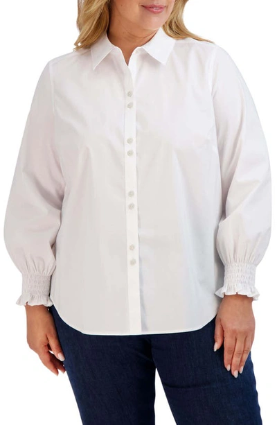 Shop Foxcroft Olivia Smocked Cuff Cotton Blend Button-up Shirt In White