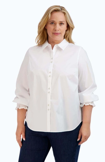 Shop Foxcroft Olivia Smocked Cuff Cotton Blend Button-up Shirt In White