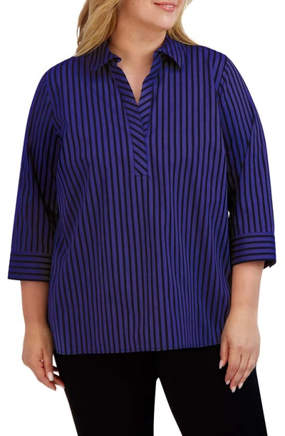 Shop Foxcroft Sophia Stripe Three-quarter Sleeve Stretch Button-up Shirt In Blue Iris