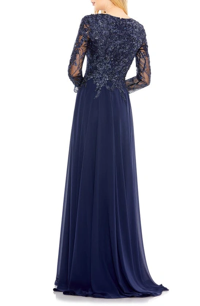 Shop Mac Duggal Beaded Bodice Long Sleeve A-line Gown In Navy