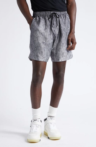 Shop Amiri Gradient Logo Silk Shorts In Grey