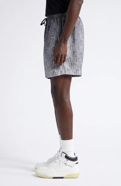 Shop Amiri Gradient Logo Silk Shorts In Grey