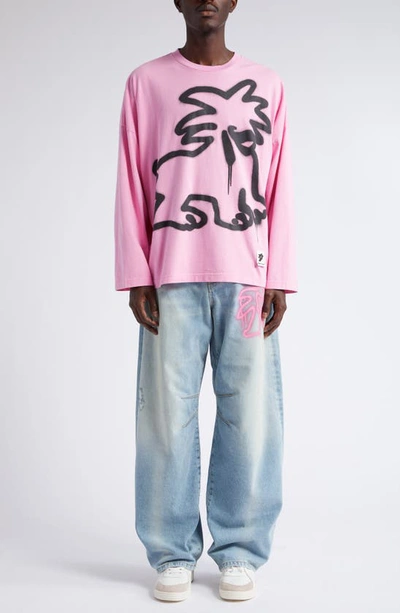 Shop Palm Angels Spray 'leon' Loose Fit Long Sleeve Graphic T-shirt In Pink Black