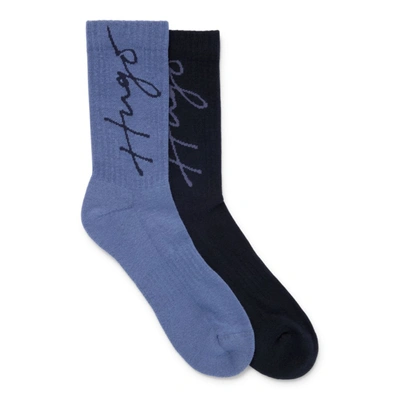 Shop Hugo Two-pack Of Quarter-length Socks With Handwritten Logos In Blue