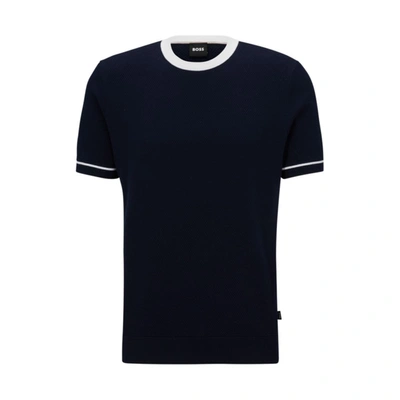 Shop Hugo Boss Structured-cotton Regular-fit Sweater With Contrast Tipping In Blue
