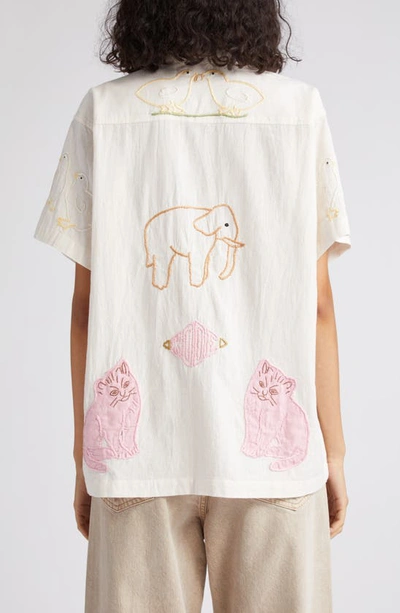 Shop Bode Tiny Zoo Short Sleeve Cotton Button-up Shirt In Pink White