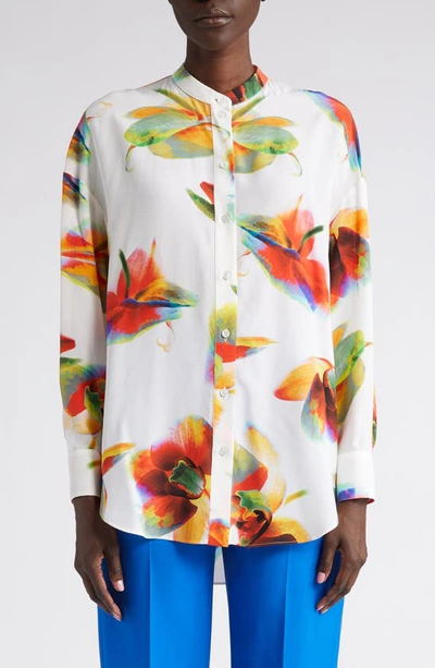 Shop Alexander Mcqueen Solarised Orchid Print Silk Button-up Shirt In 9000 Optical White