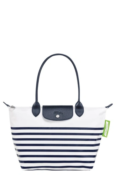 Shop Longchamp Small Le Pliage Marinière Recycled Nylon Canvas Shoulder Tote In Navy/ White