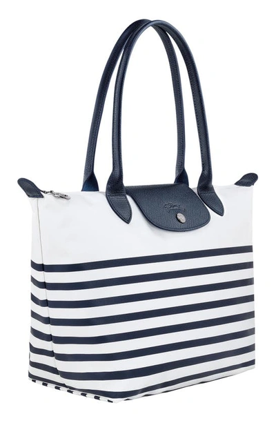 Shop Longchamp Small Le Pliage Marinière Recycled Nylon Canvas Shoulder Tote In Navy/ White