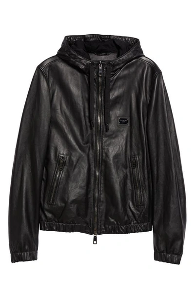 Dolce & Gabbana Logo Plaque Leather Hooded Blouson Jacket In Black
