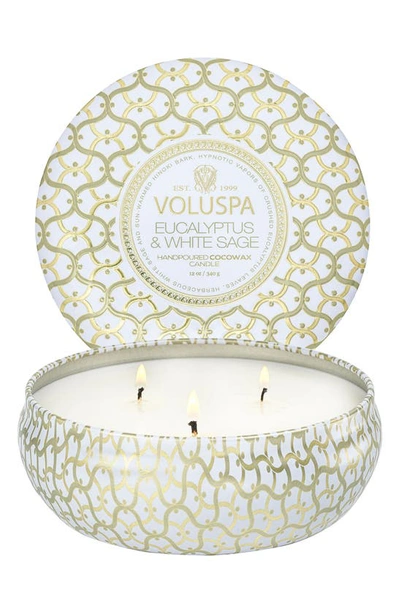 Voluspa Eucalyptus & White Sage Three Wick Tin Candle 12 Oz. In Eucalyptus