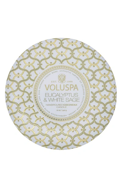 Voluspa Eucalyptus & White Sage Three Wick Tin Candle 12 Oz. In Eucalyptus