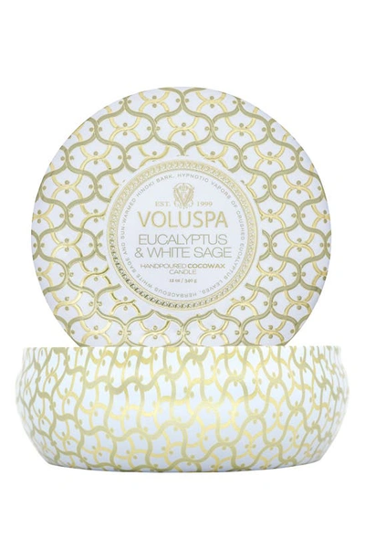 Voluspa Eucalyptus & White Sage Three Wick Tin Candle 12 Oz. In Eucalyptus