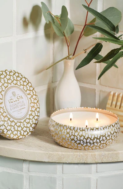 Voluspa Eucalyptus & White Sage Three Wick Tin Candle 12 Oz. In Eucalyptus