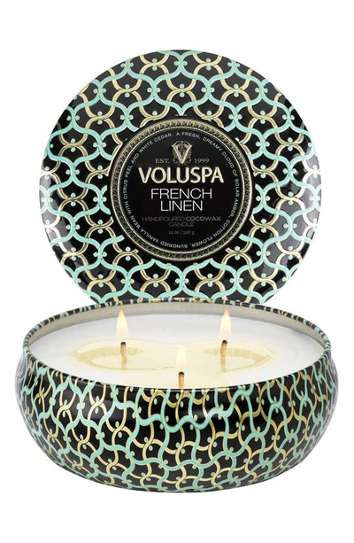Voluspa French Linen Three-wick Tin Candle In French Linen
