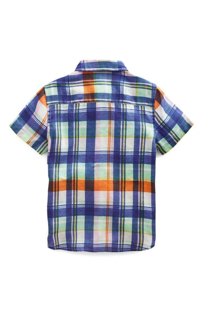 Shop Mini Boden Kids' Vacation Short Sleeve Linen & Cotton Button-down Shirt In Fire Opal/ Green Madras