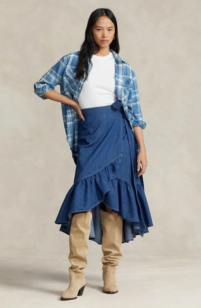 Shop Polo Ralph Lauren High Waist Wrap Skirt In Indigo