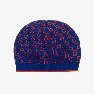 Shop Gucci Baby Boys Blue Square G Knitted Cotton Hat
