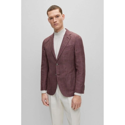 Shop Hugo Boss Slim-fit Jacket In Checked Wool, Silk And Linen In Pink