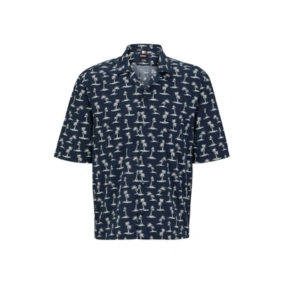 Shop Hugo Boss Regular-fit Shirt In Printed Cotton Muslin In Blue