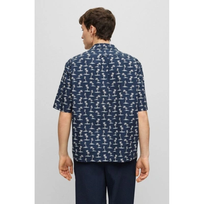 Shop Hugo Boss Regular-fit Shirt In Printed Cotton Muslin In Blue
