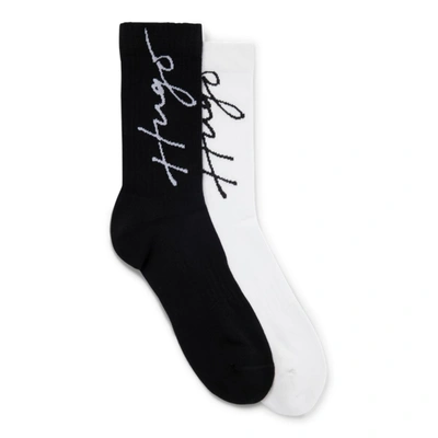 Shop Hugo Two-pack Of Quarter-length Socks With Handwritten Logos In Black