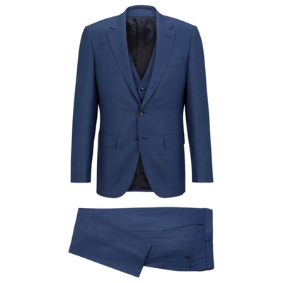 Shop Hugo Boss Three-piece Slim-fit Suit In Virgin Wool In Blue