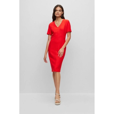 Shop Hugo Boss V-neck Business Dress With Short Sleeves In Red