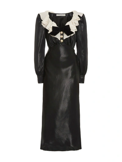 Shop Alessandra Rich Laminated Silk Dress With Volant Collar In Black