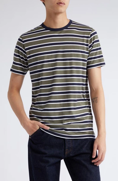Shop Sunspel Crewneck T-shirt In Navy/green Stripe