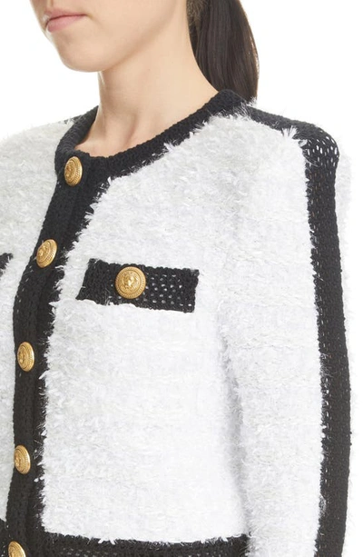 Shop Balmain Colorblocked Tweed Knit Jacket In Gab White/ Black