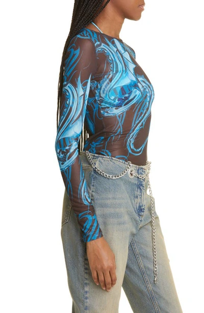 Shop Miaou Tattoo Print Long Sleeve Mesh T-shirt In Tattoo-blue