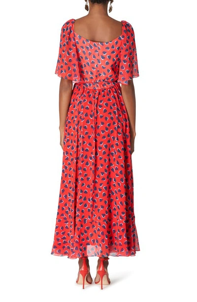 Carolina Herrera Heart-print Flutter-sleeve Wrap Midi Dress With Ruffle Hem In Poppy Multi