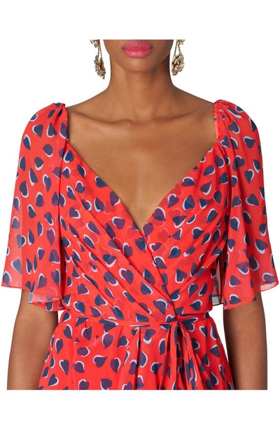 Carolina Herrera Heart-print Flutter-sleeve Wrap Midi Dress With Ruffle Hem In Poppy Multi