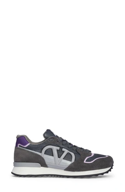 Shop Valentino Vlogo Mixed Media Sneaker In Grigio/ Graphite/ Violet