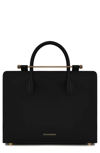 Strathberry Midi Metal Leather Tote Bag In Black