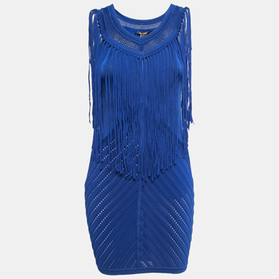 Pre-owned Roberto Cavalli Blue Knit Fringed Sleeveless Mini Dress M