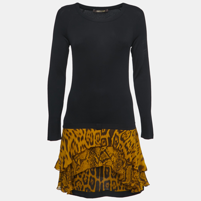 Pre-owned Roberto Cavalli Black Animal Print Silk & Jersey Full Sleeve Flared Short Dress S
