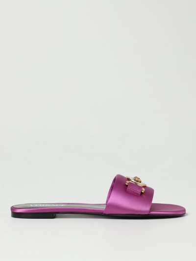 Shop Versace Slides In Satin And Leather In Violet