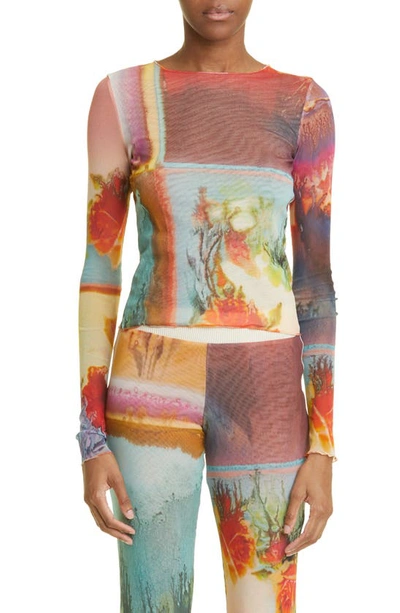Shop Jean Paul Gaultier Scarf Print Long Sleeve Tulle Top In Beige Multicolor