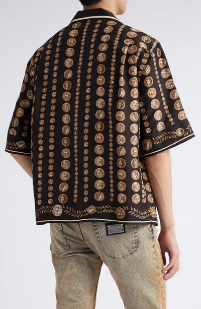 Shop Dolce & Gabbana Allover Ancient Coin Print Silk Camp Shirt In Dark Brown