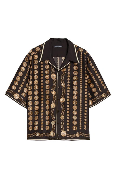 Shop Dolce & Gabbana Allover Ancient Coin Print Silk Camp Shirt In Dark Brown